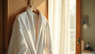  White bathrobe in sunlit hotel room with logo label