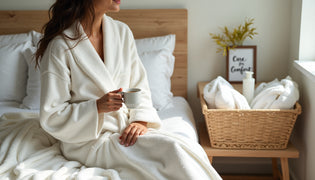  Person enjoying morning in waffle robe with comfort care sign nearby.