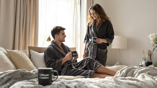  Couple in plush and waffle robes enjoying morning coffee