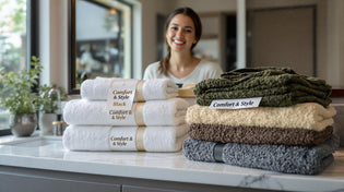  Person compares luxury and budget towels for comfort in a bathroom
