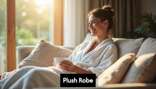  Person relaxing at home in plush robe