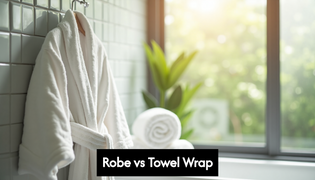  Plush bathrobe and towel wrap together in a serene bathroom