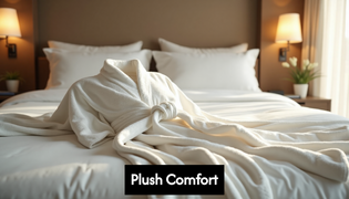 Plush robe on luxury bed in soft morning light