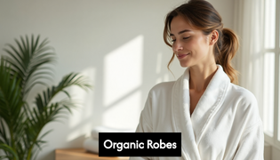  Woman in organic cotton robe in bright bathroom