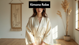  Woman in silk kimono robe in bright room