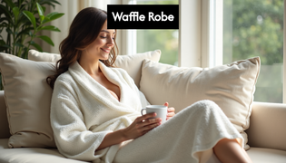  Woman lounging in white waffle robe at home