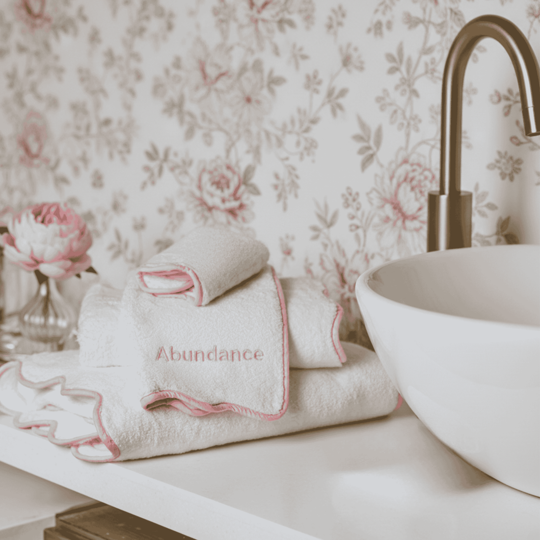 embroidered name abundance towel on scallop piping edge towel set