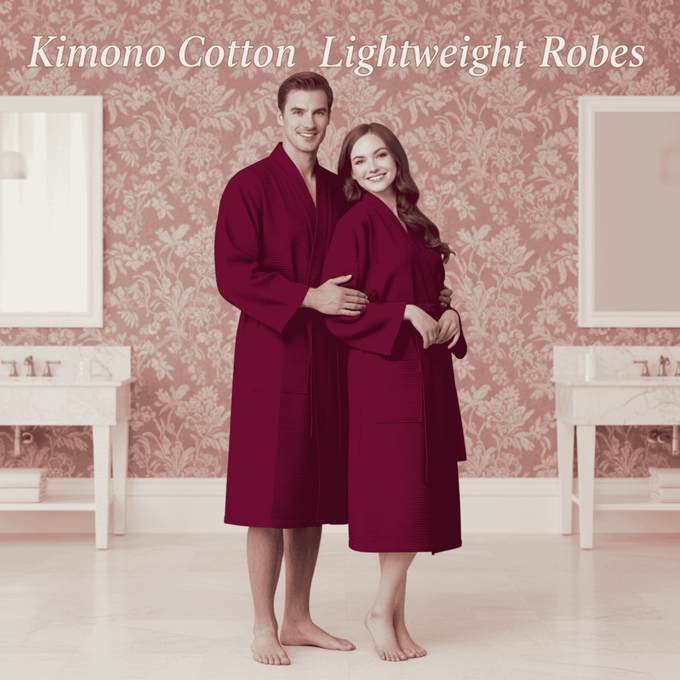 men and women wear red color lightweight kimono waffle bathrobes