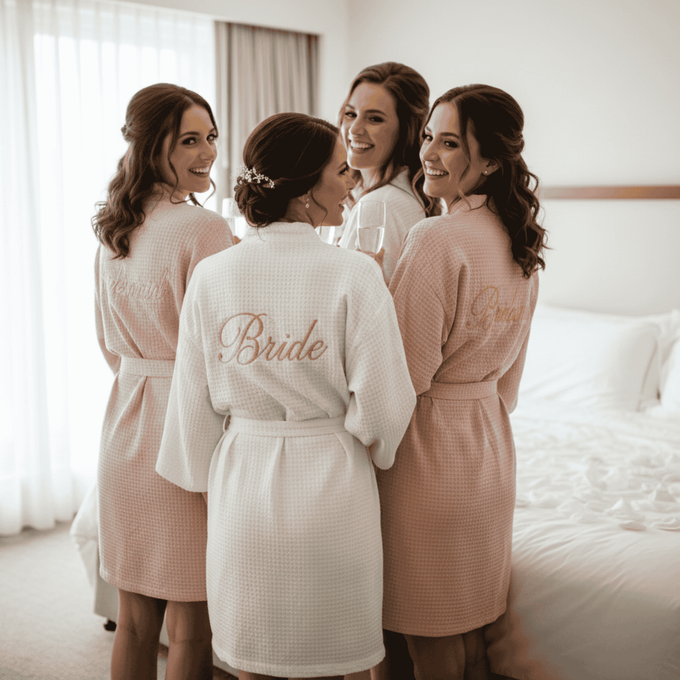 womens wearing waffle bridesmaid and bride waffle robes 