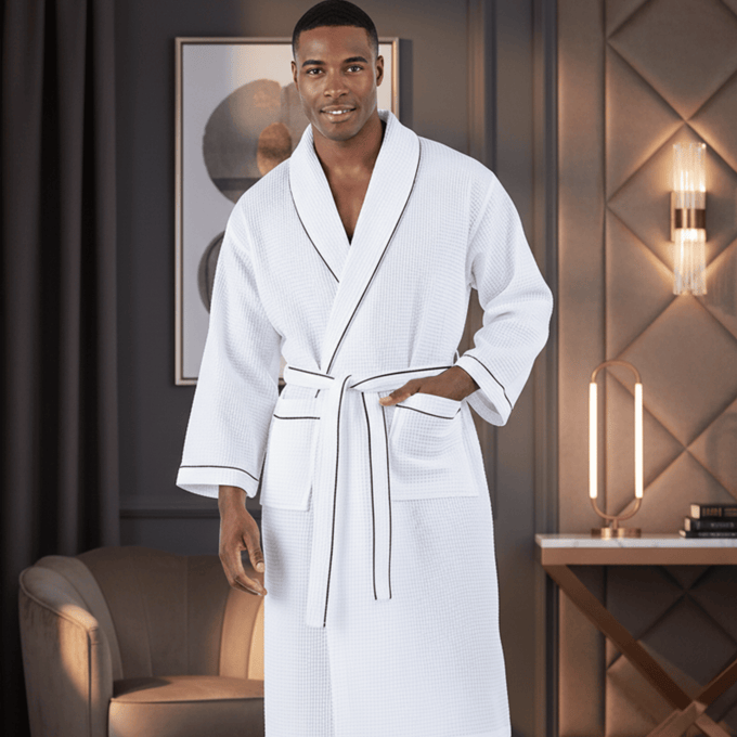 black men wearing white color piping waffle bathrobe