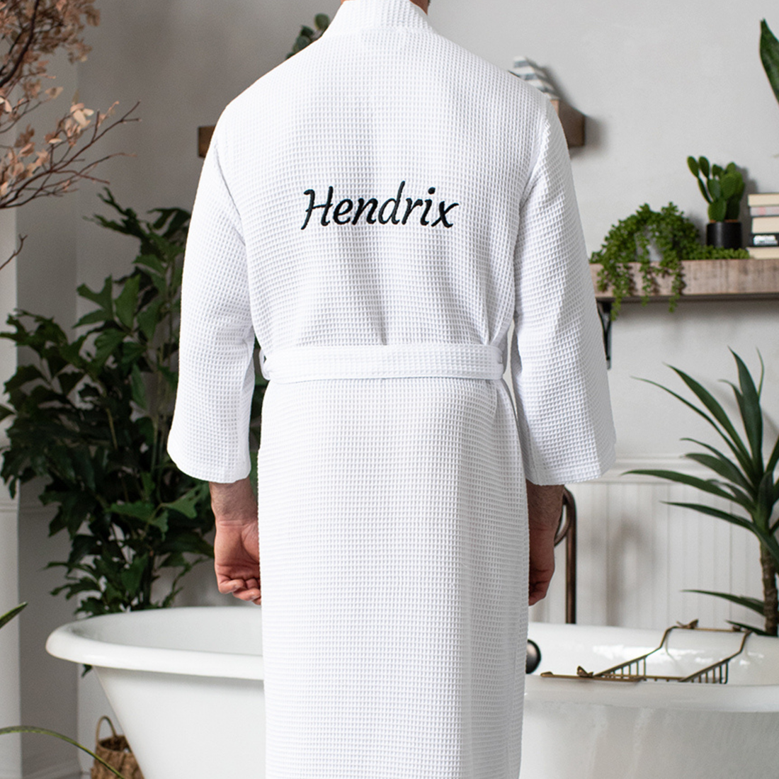 men wear white color cotton waffle bathrobe with embroidery on it
