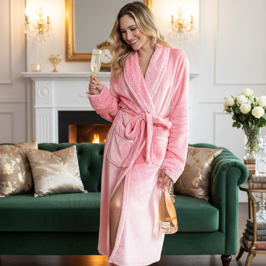  women wearing pink color ultra soft plush bathrobe