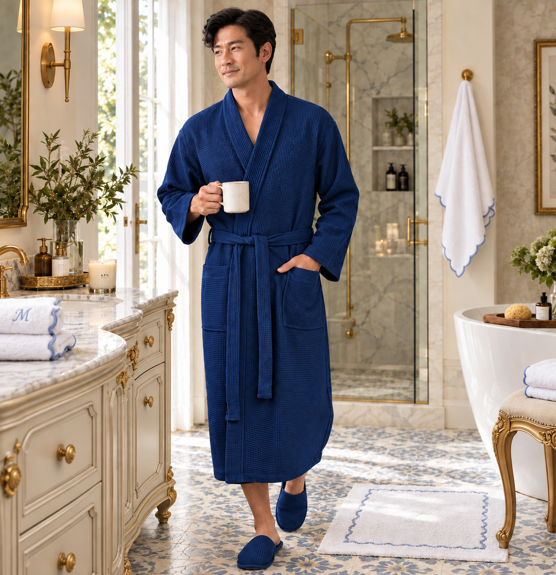Adult in a blue waffle-textured belted robe holding a mug beside a folded towel marked with a blue “M”