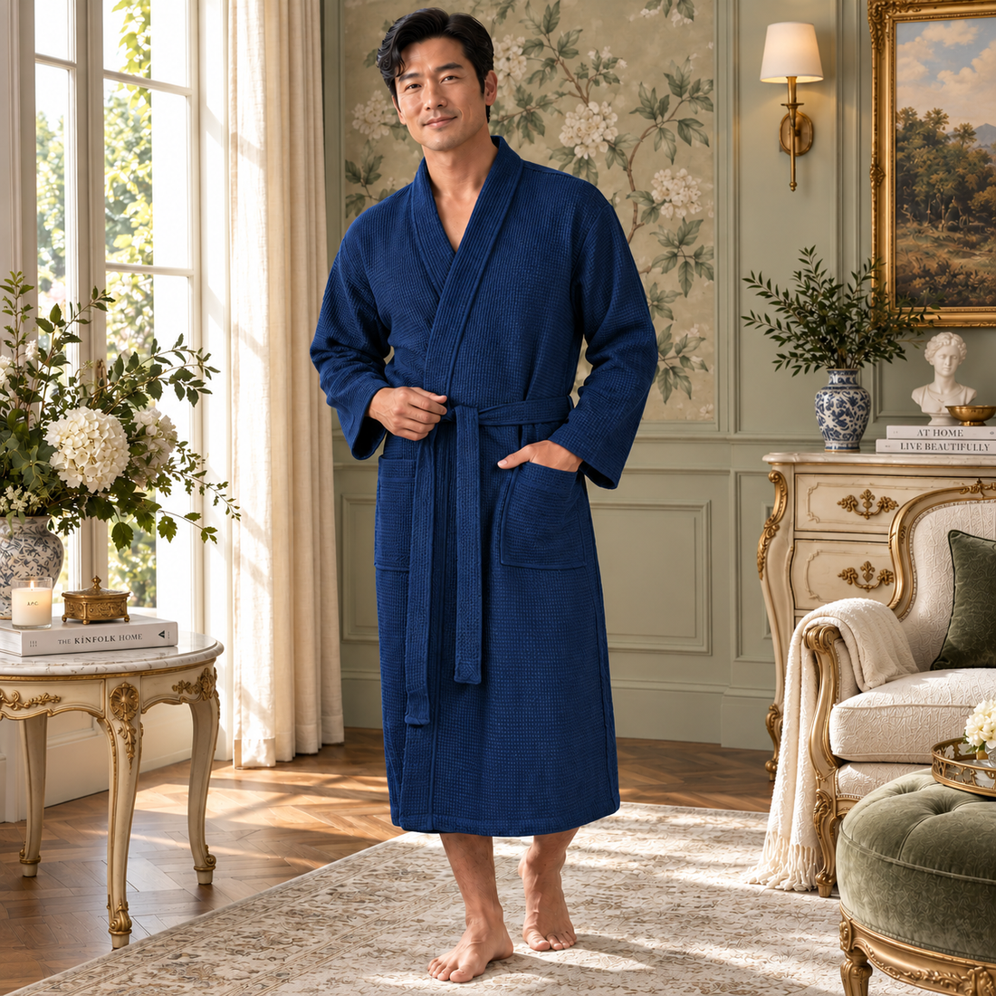 Adult wearing a dark navy waffle-textured belted robe in a furnished room