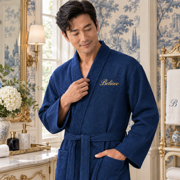Waffle Spa Bathrobe for Men -  Absorbent, Lightweight - Navy