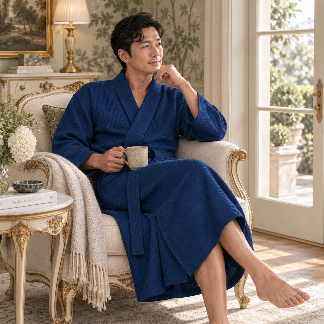 Man in a navy waffle robe seated in an armchair holding a mug