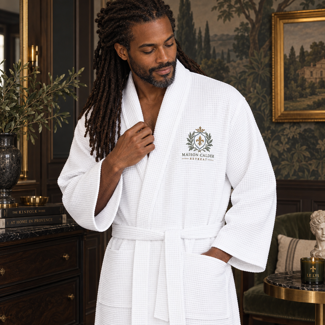 Person in a white waffle-textured robe embroidered Maison Calder Retreat