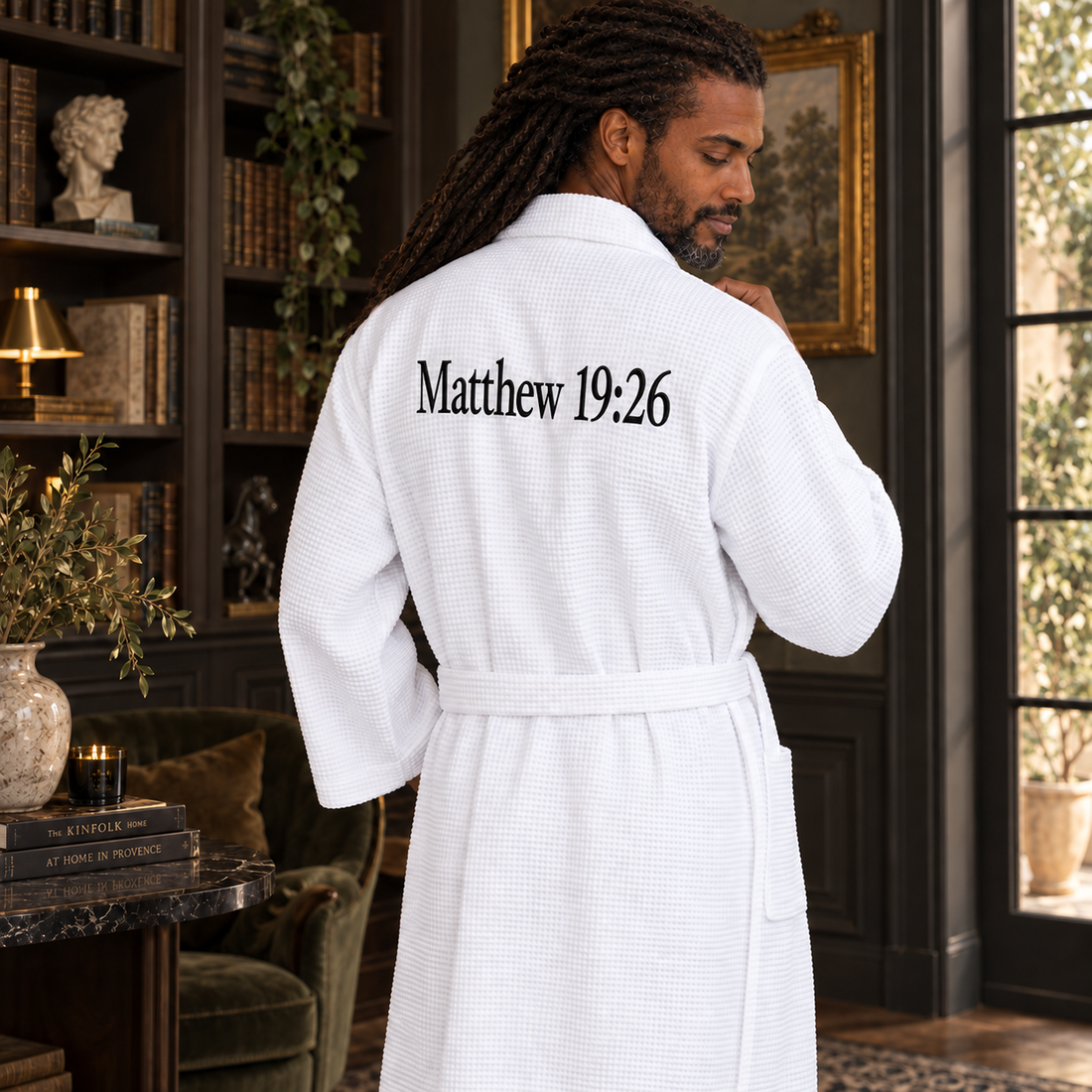Man shown from behind in a white robe with black piping embroidered Matthew 19:26