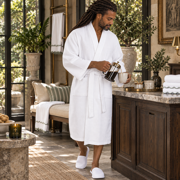 Waffle Spa Bathrobe for Men -  Absorbent, Lightweight - White
