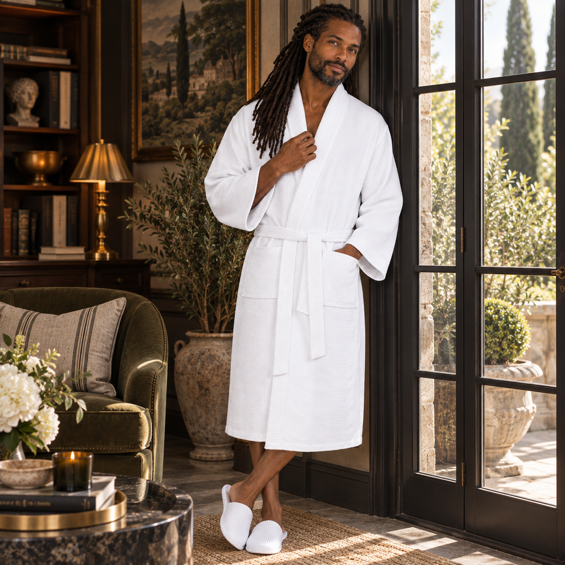Adult in a white waffle-textured belted robe and white slippers beside glass doors