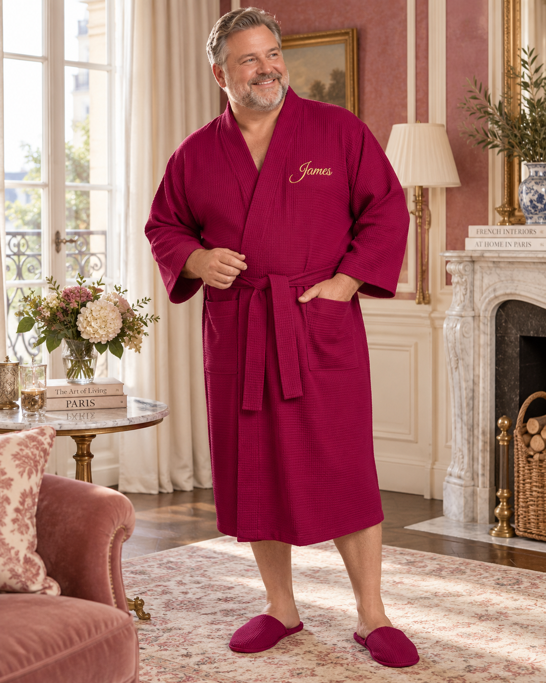 Person in a burgundy textured robe with dark trim and the name James on the chest