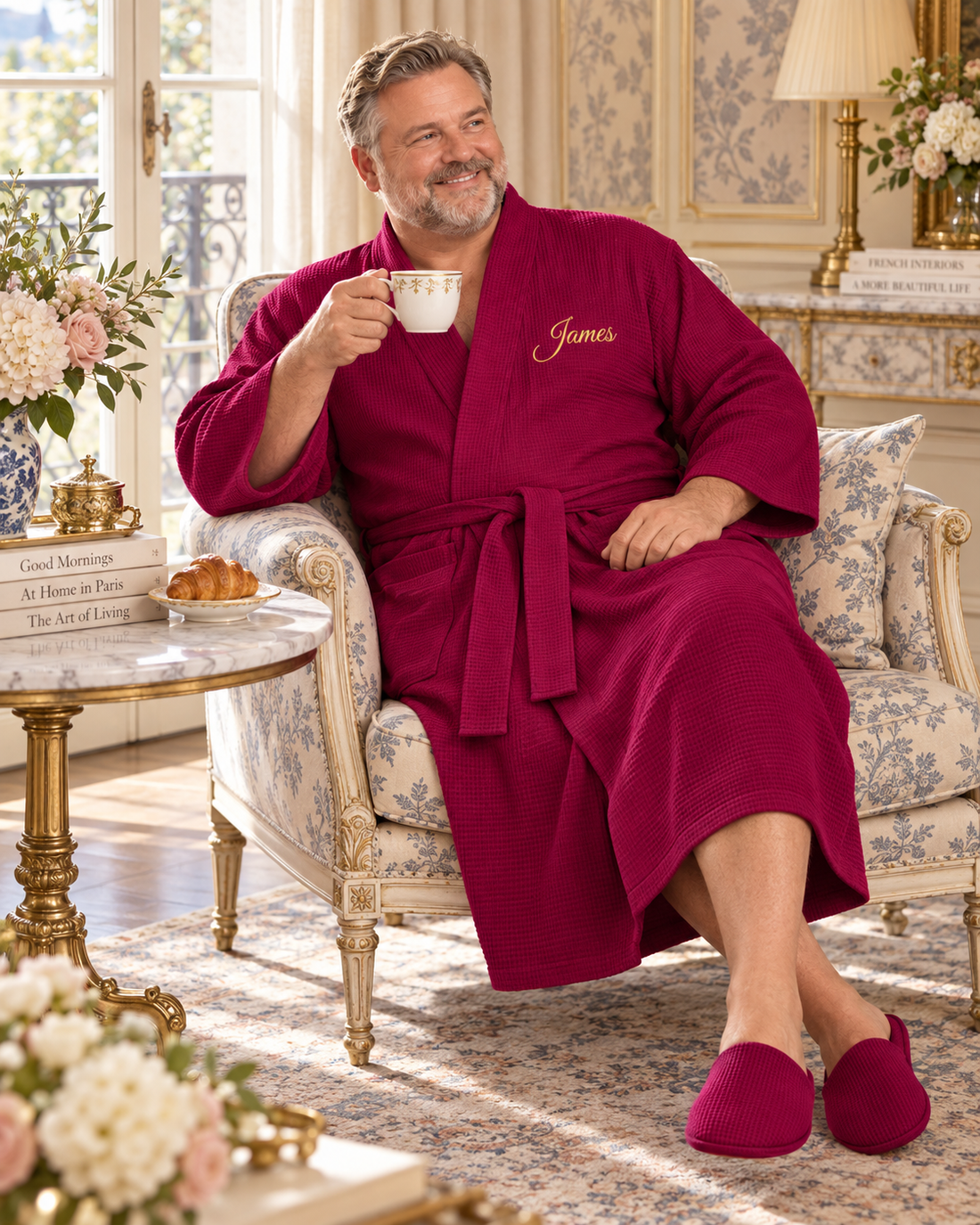 Person wearing a burgundy textured robe embroidered James