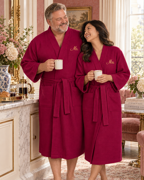 Waffle Spa Bathrobe for Men - Absorbent, Lightweight - Wine Red