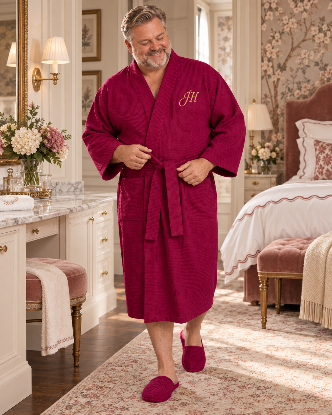 Man walking in a magenta waffle robe monogrammed JH with matching slippers