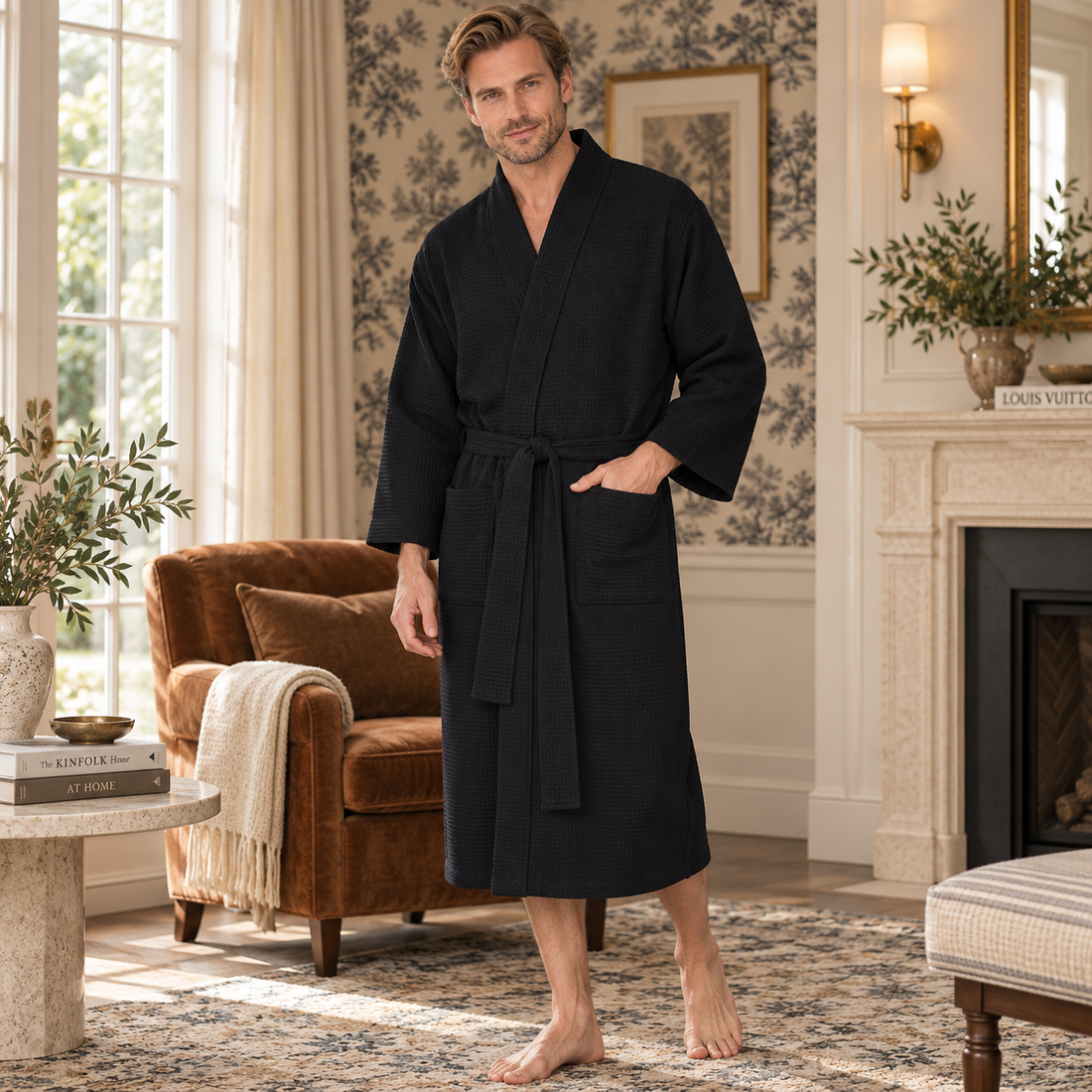 Man standing barefoot in a black waffle robe in a living room