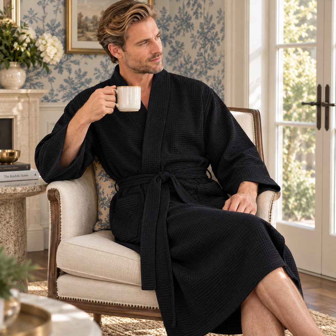 Seated person in a black textured robe holding a mug by sunlit doors