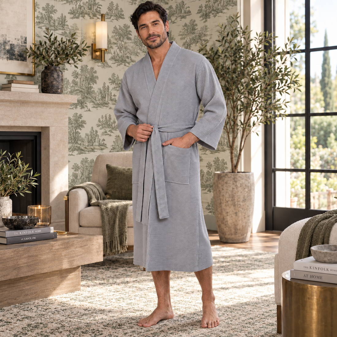Man standing in a light gray waffle robe in a bright living room