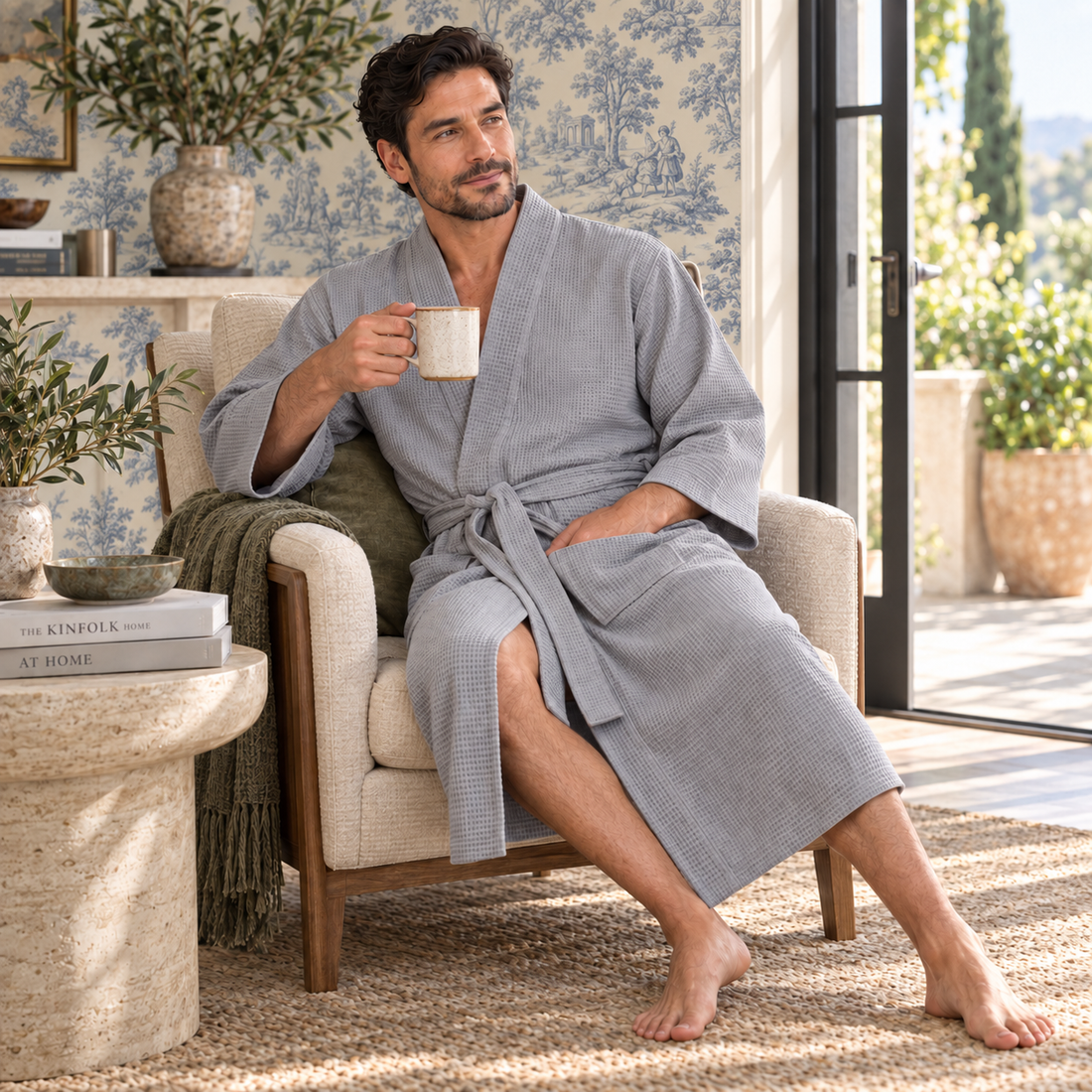 Person seated in an armchair wearing a light gray waffle-textured robe and holding a mug