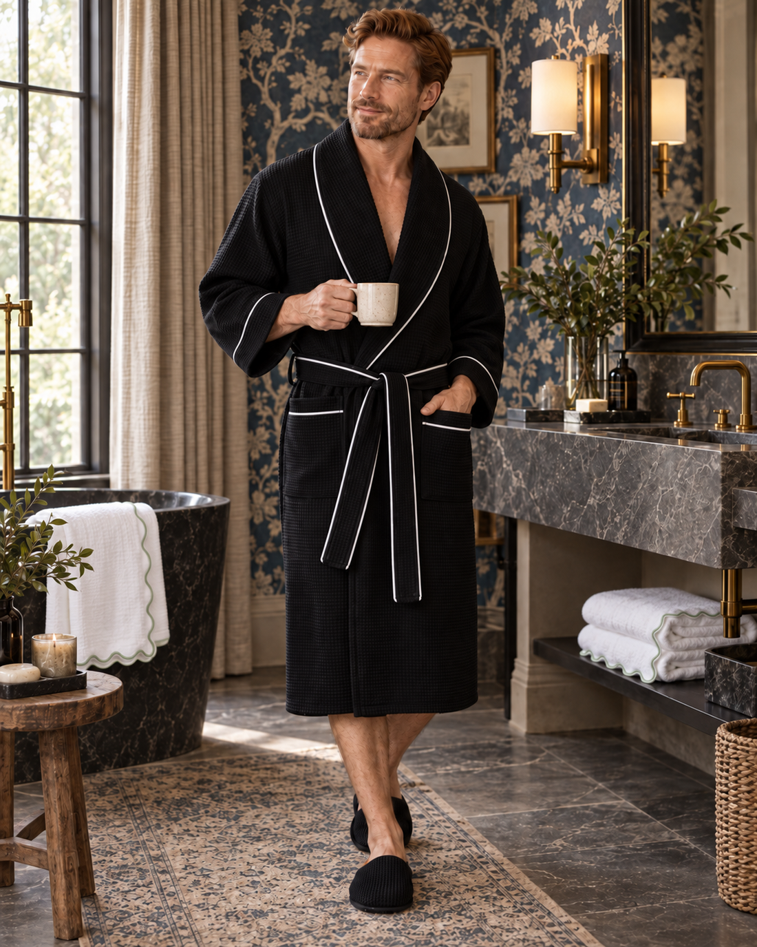 Man wearing a black waffle robe with white piping and holding a mug
