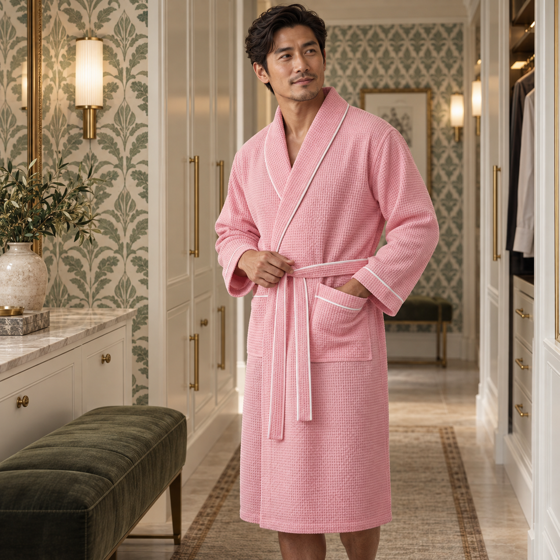 Man standing in a pale pink waffle robe with white piping and patch pockets