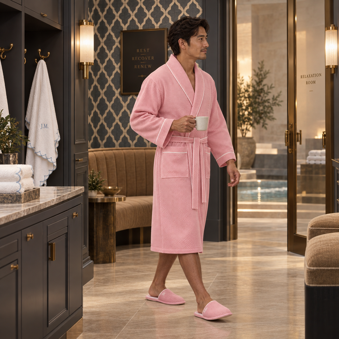 Man holding a cup while wearing a light pink waffle robe with white piping and matching slippers