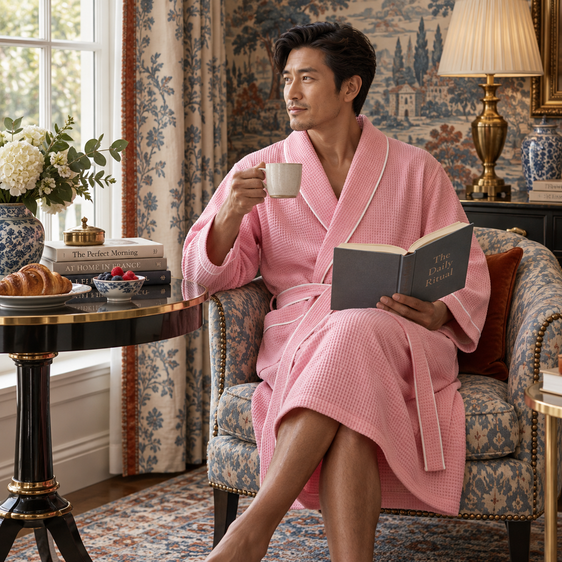 Man seated in a pink waffle robe with white piping, holding a mug