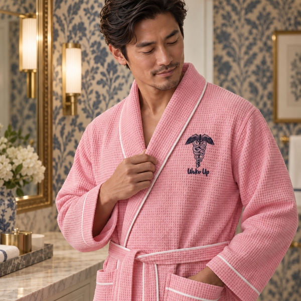 Premium Waffle Piping Robe for Men - Blush with Piping