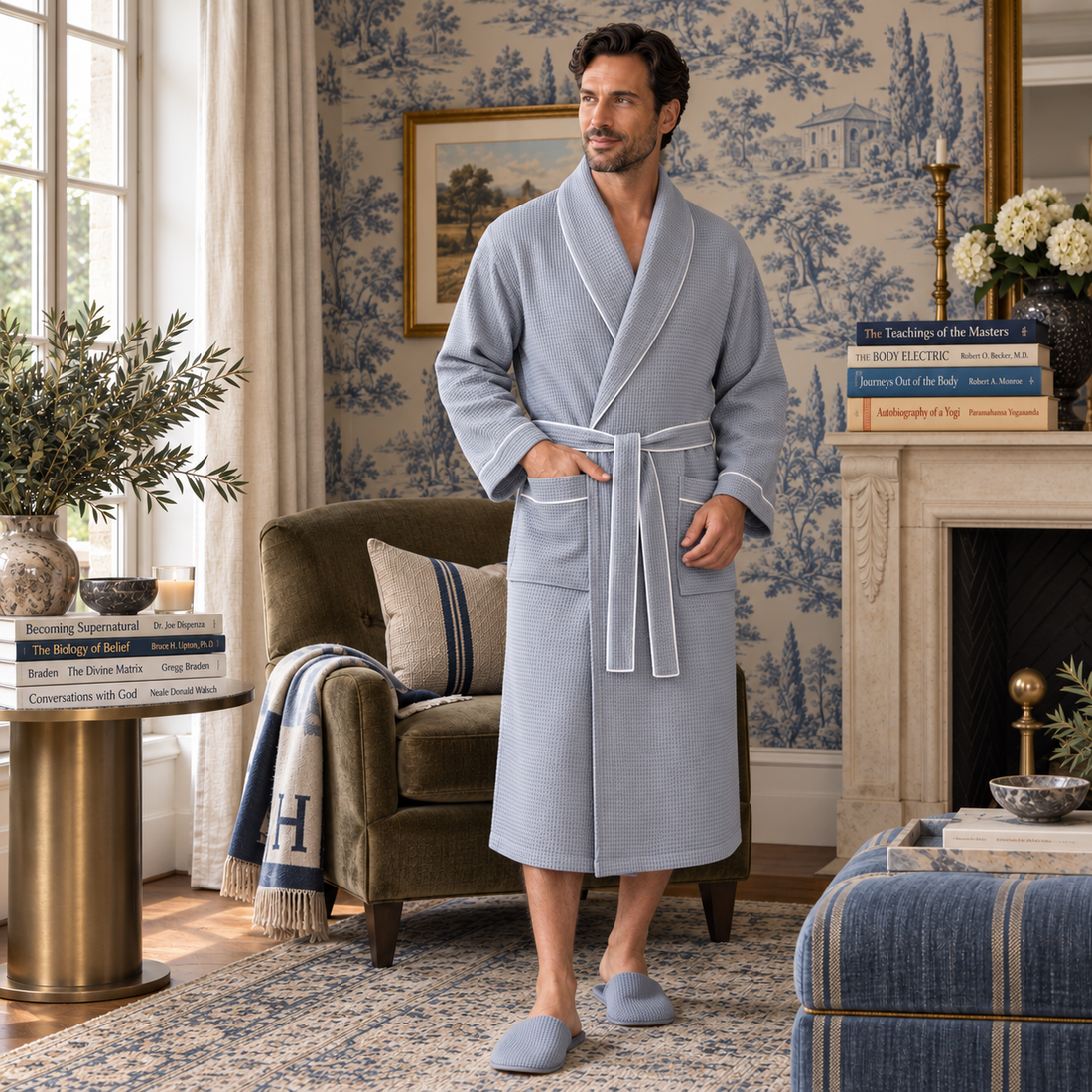 Man in a light blue waffle robe with white piping and light blue slippers