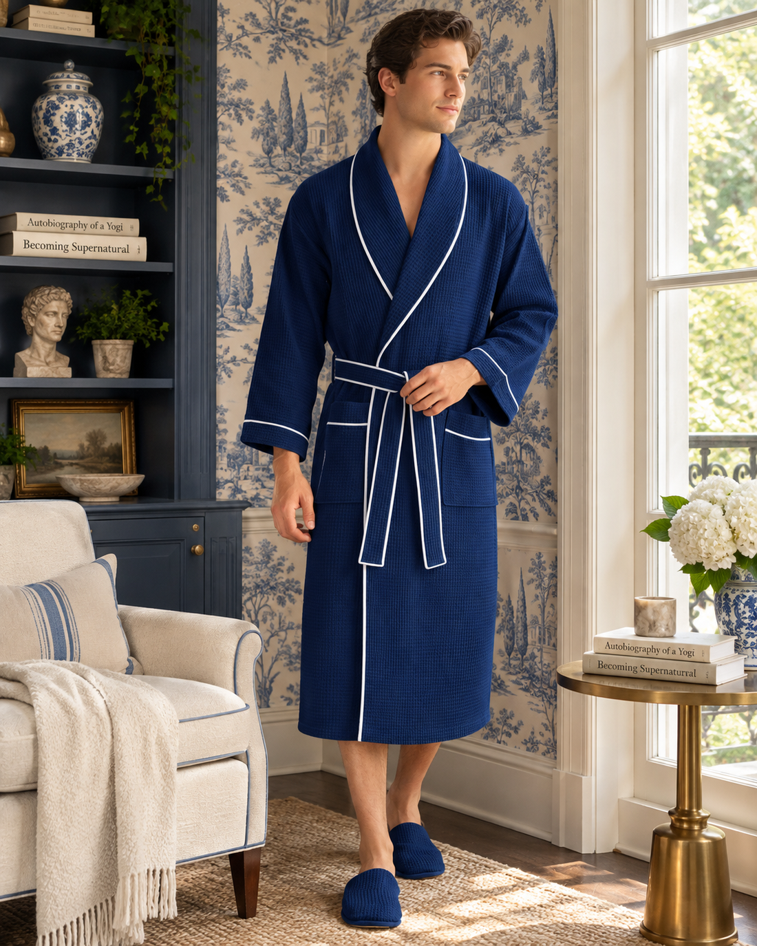 Man wearing a long deep blue robe with white piping in a dark paneled room