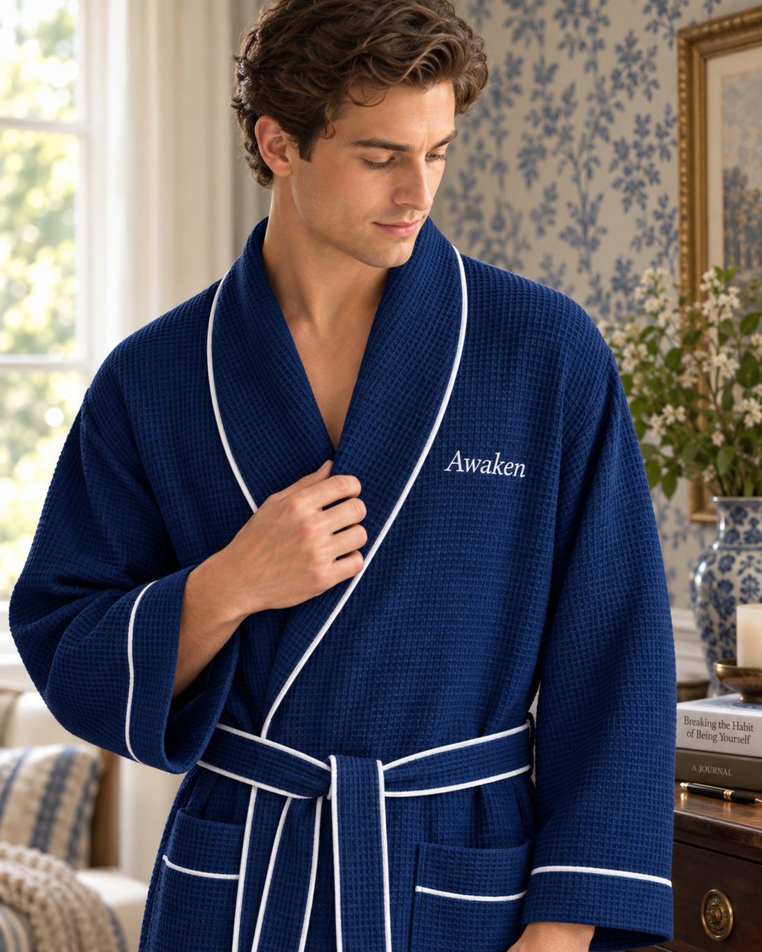Man modeling a white waffle-textured robe with dark piping