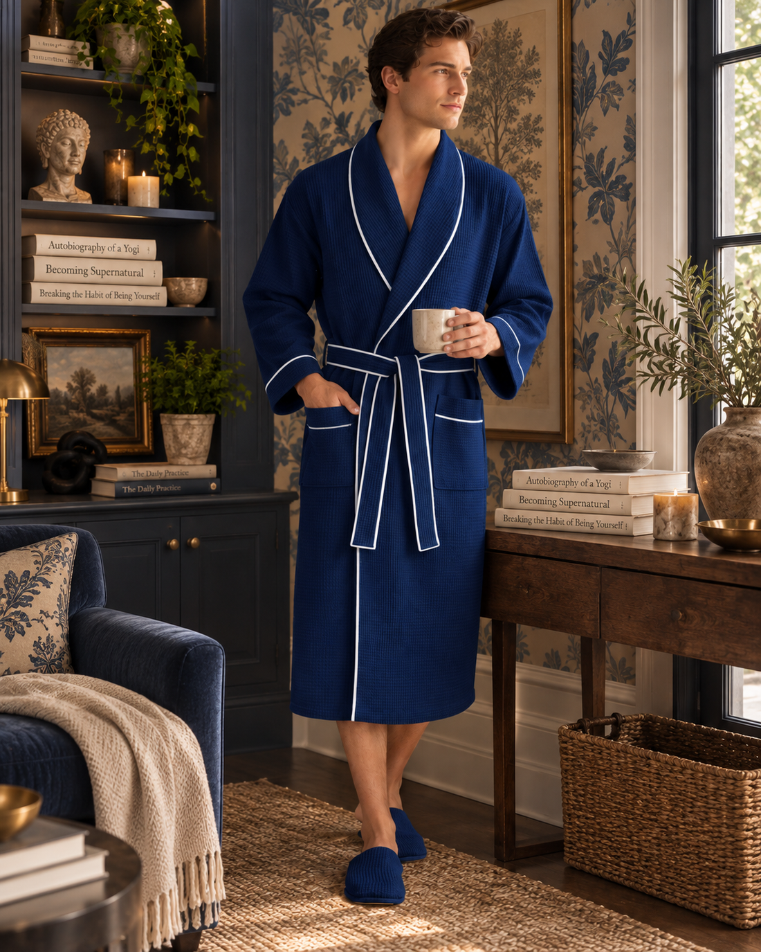 Man holding a mug in a navy waffle robe with white piping and navy slippers