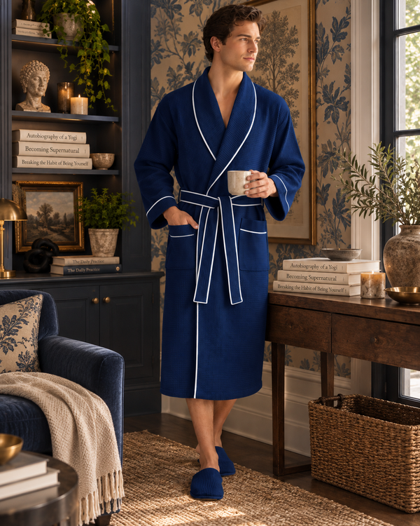 Premium Waffle Piping Robe for Men - Navy with Piping