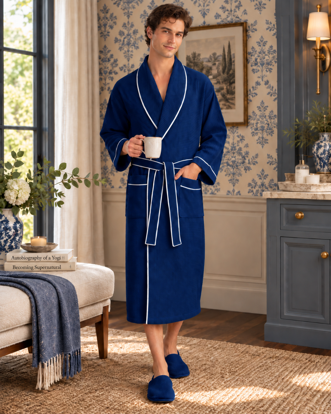 Man wearing a deep blue waffle robe with white piping and holding a mug