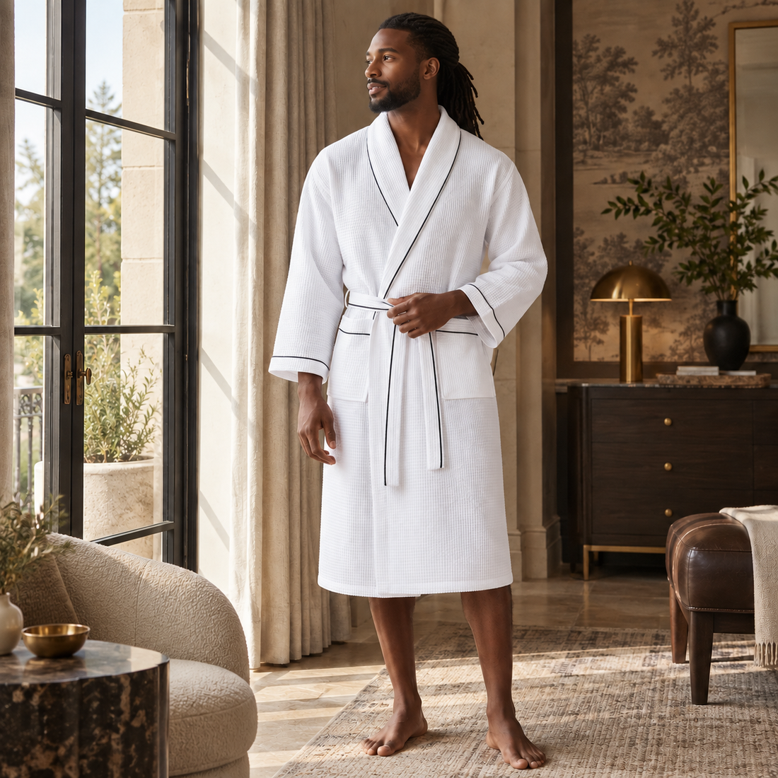 Man wearing a white waffle robe with dark piping beside tall windows