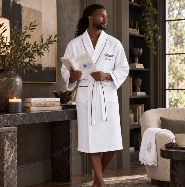 Premium Waffle Piping Robe for Men - White with Piping