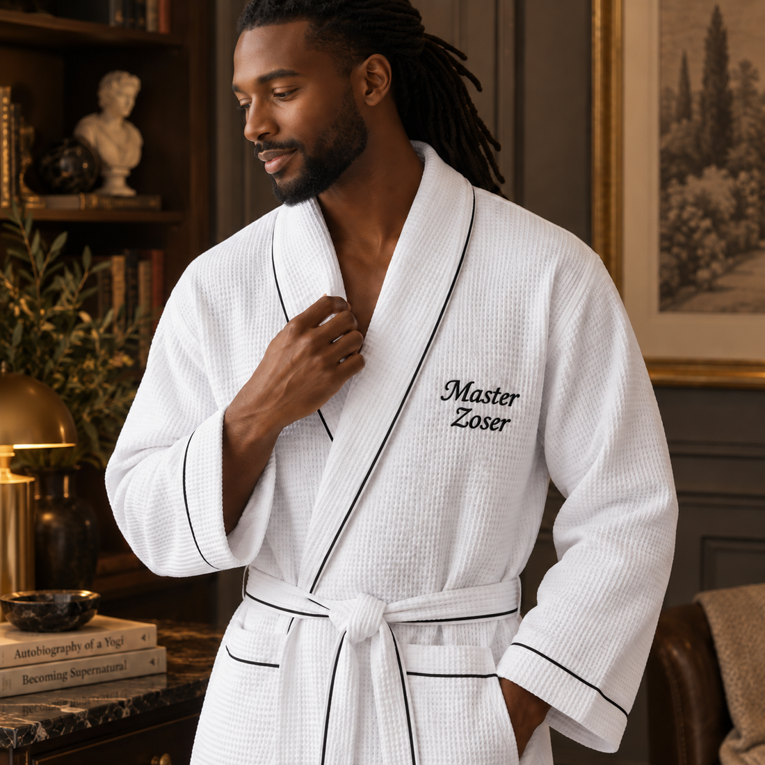 Man wearing a white waffle robe with dark piping and Master Zoser embroidery