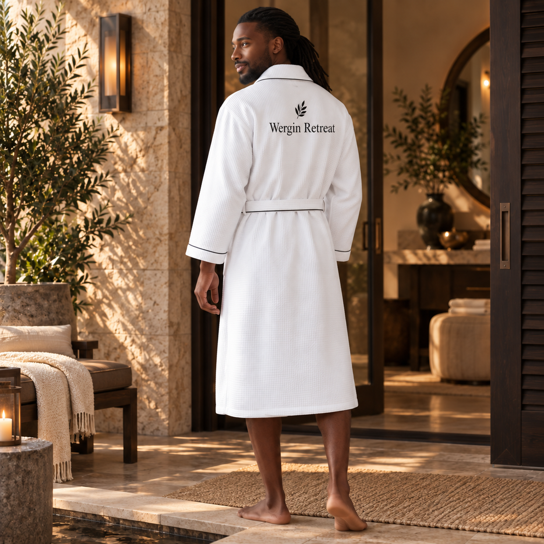 Man wearing a belted white waffle robe with dark piping