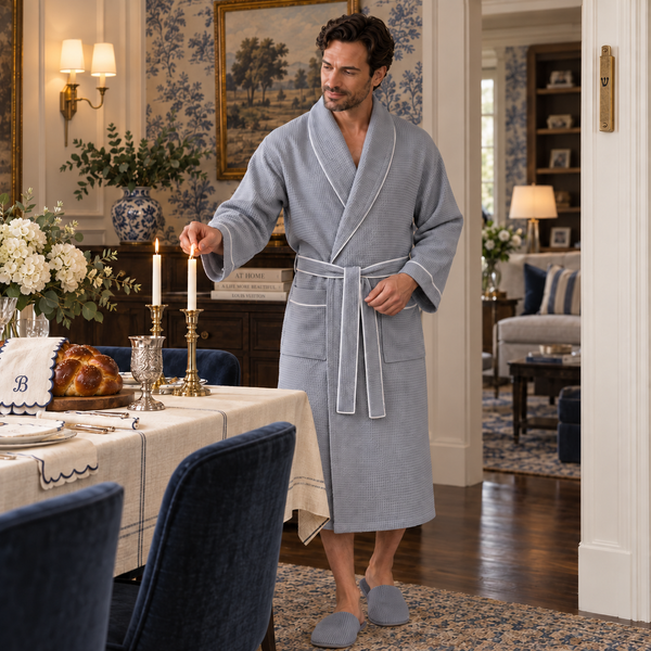 Premium Waffle Piping Robe for Men - Gray with Piping