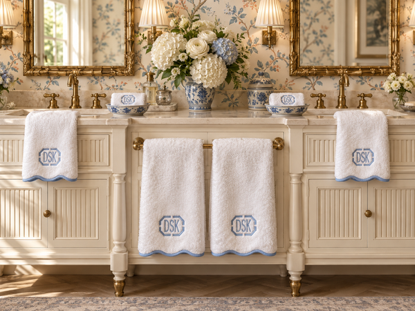 Luxury Scallop Piping Bath Towel Sets (6-Piece) - Dispenza Blue Piping