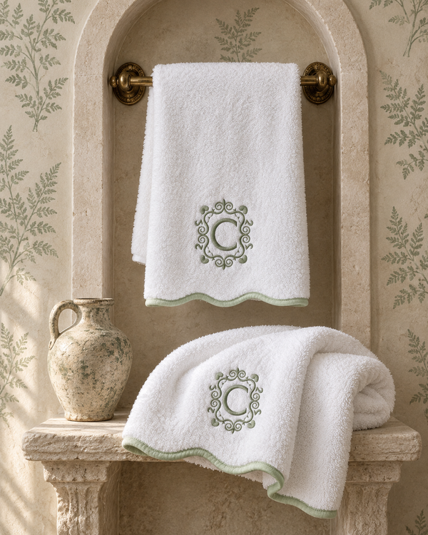 Scallop Piping Bath Sheet – Oversized Bathroom Towel - Sage Piping